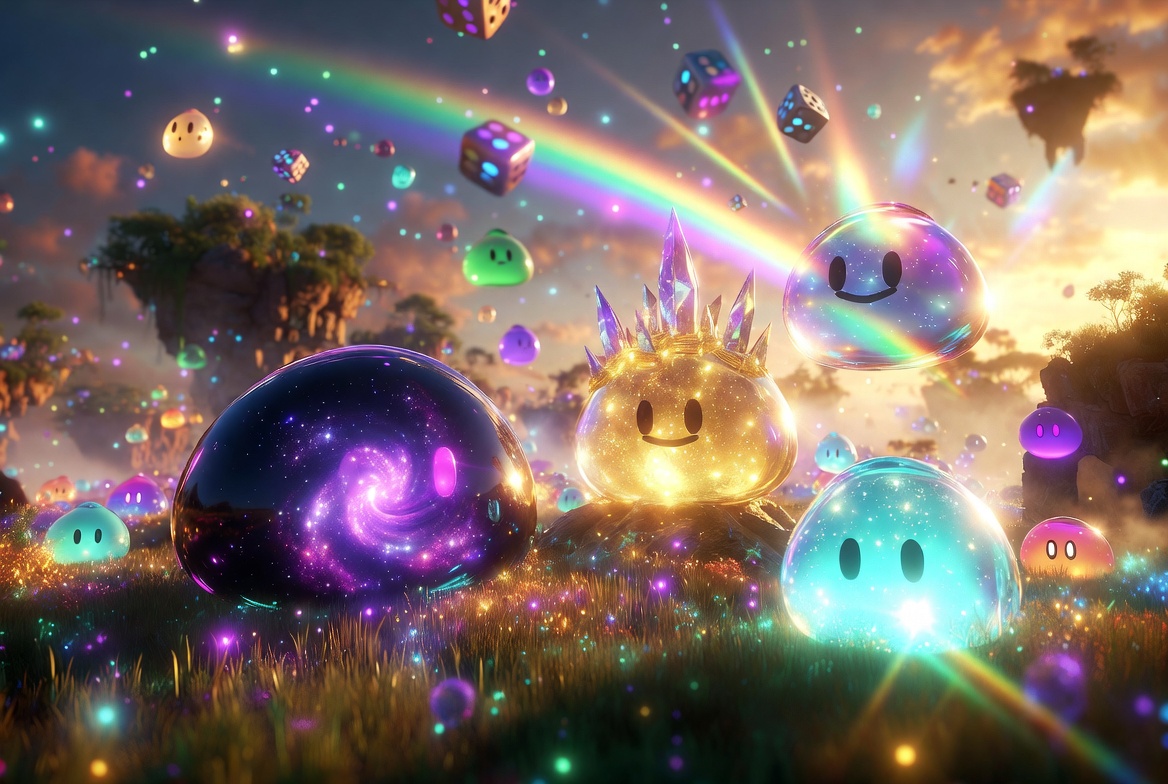 Slime RNG Hero Background - Vibrant fantasy landscape with rare slimes and a rainbow